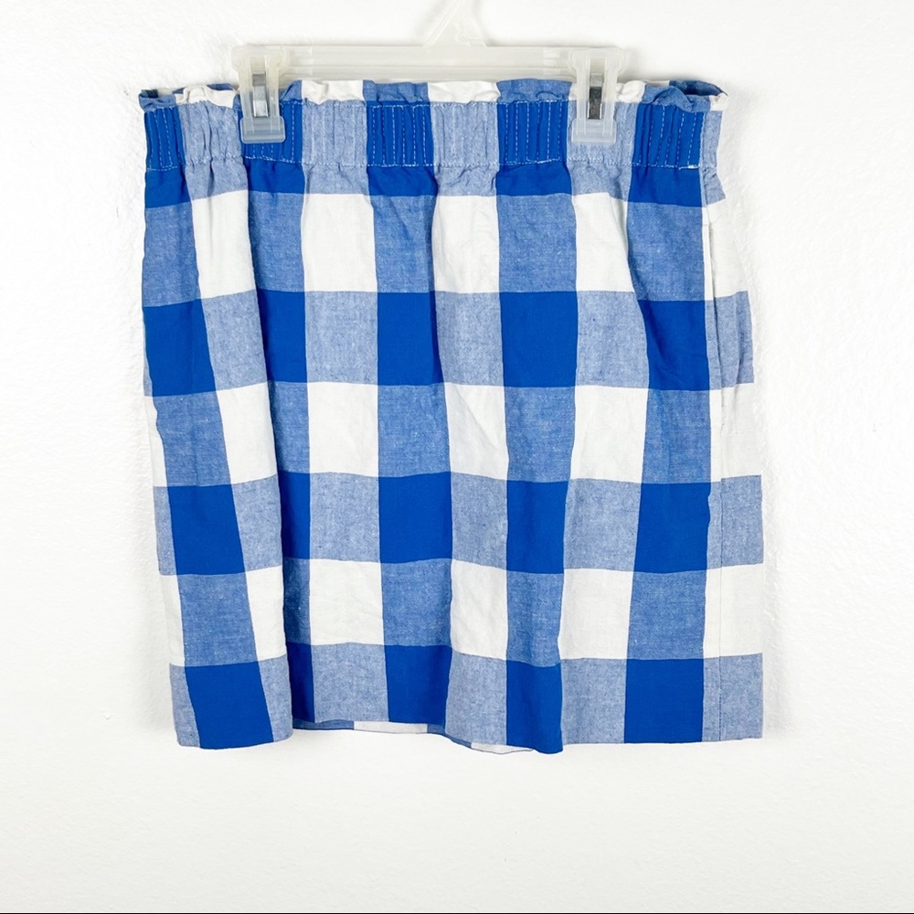 J. CREW Factory Linen Blend Blue White Sidewalk Plaid Elastic Waist Skirt Size 4